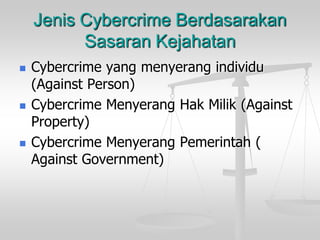 Jenis Cybercrime Berdasarakan Sasaran Kejahatan 
Cybercrime yang menyerang individu (Against Person) 
Cybercrime Menyerang Hak Milik (Against Property) 
Cybercrime Menyerang Pemerintah ( Against Government)  