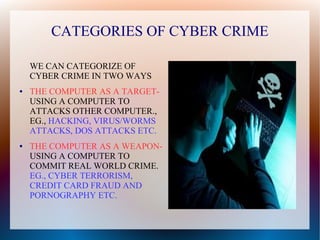 CATEGORIES OF CYBER CRIME
WE CAN CATEGORIZE OF
CYBER CRIME IN TWO WAYS
● THE COMPUTER AS A TARGET-
USING A COMPUTER TO
ATTACKS OTHER COMPUTER.,
EG., HACKING, VIRUS/WORMS
ATTACKS, DOS ATTACKS ETC.
● THE COMPUTER AS A WEAPON-
USING A COMPUTER TO
COMMIT REAL WORLD CRIME.
EG., CYBER TERRORISM,
CREDIT CARD FRAUD AND
PORNOGRAPHY ETC.
 