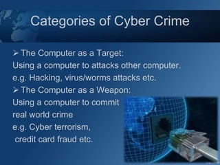 Categories of Cyber Crime
 The Computer as a Target:
Using a computer to attacks other computer.
e.g. Hacking, virus/worms attacks etc.
 The Computer as a Weapon:
Using a computer to commit
real world crime
e.g. Cyber terrorism,
credit card fraud etc.
 