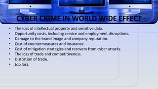CYBER CRIME IN WORLD WIDE EFFECT
• The loss of intellectual property and sensitive data.
• Opportunity costs, including service and employment disruptions.
• Damage to the brand image and company reputation.
• Cost of countermeasures and insurance.
• Cost of mitigation strategies and recovery from cyber attacks.
• The loss of trade and competitiveness.
• Distortion of trade.
• Job loss.
 