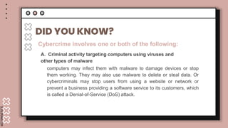 SLIDESMANIA.COM
DID YOU KNOW?
Cybercrime involves one or both of the following:
computers may infect them with malware to ...