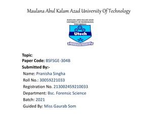 Maulana Abul Kalam Azad University Of Technology
Topic:
Paper Code: BSFSGE-304B
Submitted By:-
Name: Pranisha Singha
Roll No.: 30059221033
Registration No. 213002459210033
Department: Bsc. Forensic Science
Batch: 2021
Guided By: Miss Gaurab Som
 