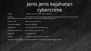 Jenis jenis kejahatan
cybercrime
Phasing : dilakukan secara online (mencuri identitas)
Spoofing : sama dengan Phising (mengirimikan walmer ke perangkat situs korban Cracking masuk
paksa kedalam sistem komputer dengan merantas sistem keamanan komputer )
Penipuan OTP : penipuan kode sementara
Pemalsuan indensitas : pemalsuan identitas
Ransomware : untuk mengunci file atau data korban
Perantasan Email & situs : untuk merantas email atau situs
Injeksi SQL : ancaman nomor
Carding : pencurian atau informasi kartu kredit
Penyebaran konten ilegal : penyeberan vidio porno oleh oknum tidak bertanggung jawab
 