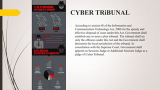 CYBER TRiBUNAL
o According to section 68 of the Information and
Communication Technology Act, 2006 for the speedy and
effective disposal of cases under this Act, Government shall
establish one or more cyber tribunal. The tribunal shall try
only the offences under this Act and the Government shall
determine the local jurisdiction of the tribunal. In
consultation with the Supreme Court, Government shall
appoint on Sessions Judge or Additional Sessions Judge as a
judge of Cyber Tribunal.
 