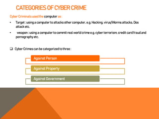 CATEGORIES OF CYBER CRIME
Cyber Criminals used the computer as :
• Target: using a computer to attacks other computer, e.g. Hacking, virus/Worms attacks, Dos
attack etc.
• weapon : using a computer to commit realworld crime e.g. cyber terrorism, credit card fraud and
pornography etc.
 Cyber Crimescan be categorized to three :
Against Person
Against Property
Against Government
 