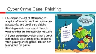 Cyber Crime Case: Phishing
   Phishing is the act of attempting to
    acquire information such as usernames,
    passwords, and credit card details.
   Phishing emails may contain links to
    websites that are infected with malware.
   A 8 year student provided father’s credit
    card details on phishing email received
    while playing online game. It lured him
    to upgrade his game.
 