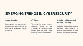 EMERGING TRENDS IN CYBERSECURITY
Cloud Security
Securing data and applications in
cloud computing environments as
organizations increasingly migrate
to the cloud.
IoT Security
Addressing the unique security
challenges posed by the
proliferation of internet-connected
devices, such as smart home
appliances and industrial systems.
Artificial Intelligence and
Machine Learning
Leveraging advanced analytics and
automated decision-making to
enhance threat detection, incident
response, and security operations.
 
