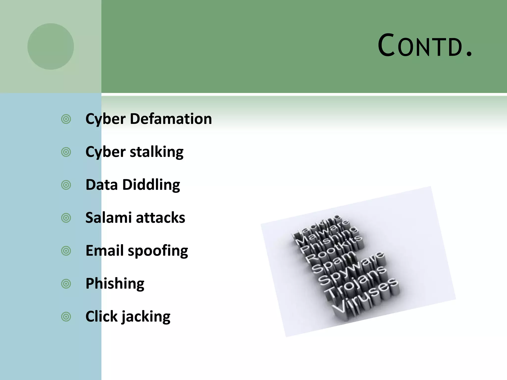 C ONTD .

   Cyber Defamation
   Cyber stalking
   Data Diddling
   Salami attacks
   Email spoofing
   Phishing
   Click jacking
 