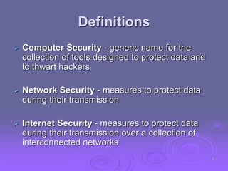 Definitions
 Computer Security - generic name for the
collection of tools designed to protect data and
to thwart hackers
 Network Security - measures to protect data
during their transmission
 Internet Security - measures to protect data
during their transmission over a collection of
interconnected networks
5
 