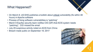 • On March 8, US DHS publishes a bulletin about critical vulnerability (fix within 48
hours) in Apache software
• Process of fixing software vulnerabilities is “patching”
• March 9 Equifax security team notifies CIO (GP) that ACIS system needs
“patching”; CIO missed the email
• July 29 suspicious activity noted on ACIS from China
• Breach made public on September 19, 2017
What Happened?
 