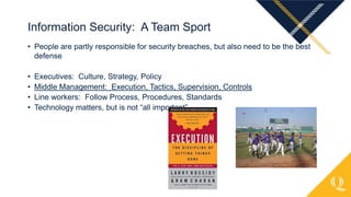• People are partly responsible for security breaches, but also need to be the best
defense
• Executives: Culture, Strategy, Policy
• Middle Management: Execution, Tactics, Supervision, Controls
• Line workers: Follow Process, Procedures, Standards
• Technology matters, but is not “all important”
Information Security: A Team Sport
 