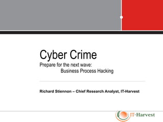 Cyber Crime
Prepare for the next wave:
          Business Process Hacking


Richard Stiennon – Chief Research Analyst, IT-Harvest
 