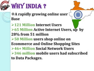 WHY INDIA ?
A rapidly growing online user
Base
121 Million Internet Users
65 Million Active Internet Users, up by
28% from 51 million
50 Million users shop online on
Ecommerce and Online Shopping Sites
46+ Million Social Network Users
346 million mobile users had subscribed
to Data Packages.

 