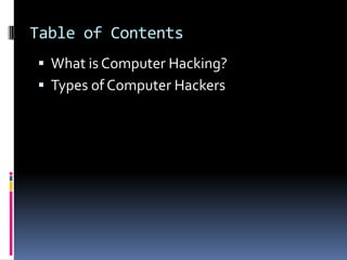Table of ContentsWhat is Computer Hacking?Types of Computer Hackers
