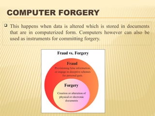 COMPUTER FORGERY
 This happens when data is altered which is stored in documents
that are in computerized form. Computers however can also be
used as instruments for committing forgery.
 