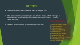 HISTORY
 The first recorded cyber crime took place in the year 1820!
 That is not surprising considering the fact that the abacus, which is thought to
be the earliest form of a computer, has been around since 3500 B.C.in India,
Japan and China.
 The First virus was install on a apple computer in 1982.
Types of Cyber Crime:-
1 Financial fraud crimes
2 Cyberterrorism
3 Cyberextortion
4 Cybersex trafficking
5 Cyberwarfare
6 Computer as a target
7 Computer as a tool
8 Obscene or offensive content
9 Online harassment
10 Drug trafficking
 