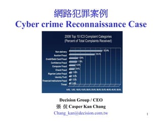 1
網路犯罪案例
Cyber crime Reconnaissance Case
Decision Group / CEO
張 侃 Casper Kan Chang
Chang_kan@decision.com.tw
 