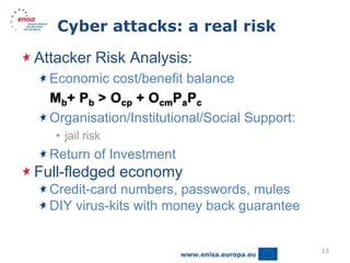 Cyber attacks: a real risk

Attacker Risk Analysis:
  Economic cost/benefit balance

  Organisation/Institutional/Social Support:
   • jail risk
  Return of Investment
Full-fledged economy
  Credit-card numbers, passwords, mules
  DIY virus-kits with money back guarantee


                                               13
 