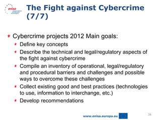The Fight against Cybercrime
    (7/7)

Cybercrime projects 2012 Main goals:
  Define key concepts
  Describe the technical and legal/regulatory aspects of
  the fight against cybercrime
  Compile an inventory of operational, legal/regulatory
  and procedural barriers and challenges and possible
  ways to overcome these challenges
  Collect existing good and best practices (technologies
  to use, information to interchange, etc.)
  Develop recommendations

                                                           38
 