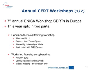 Annual CERT Workshops (1/2)

7th annual ENISA Workshop CERTs in Europe
This year split in two parts

  Hands-on technical training workshop
     Mid-June 2012
     Support from Team Cymru
     Hosted by University of Malta
     Co-located with FIRST event


  Workshop focusing on cybercrime
     Autumn 2012
     Jointly organised with Europol
     Closed meeting - by invitation only
                                            42
 