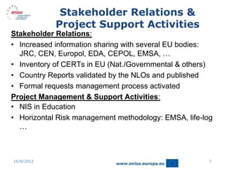 Stakeholder Relations &
            Project Support Activities
Stakeholder Relations:
• Increased information sharing with several EU bodies:
  JRC, CEN, Europol, EDA, CEPOL, EMSA, …
• Inventory of CERTs in EU (Nat./Governmental & others)
• Country Reports validated by the NLOs and published
• Formal requests management process activated
Project Management & Support Activities:
• NIS in Education
• Horizontal Risk management methodology: EMSA, life-log
  …



16/8/2012                                              7
 
