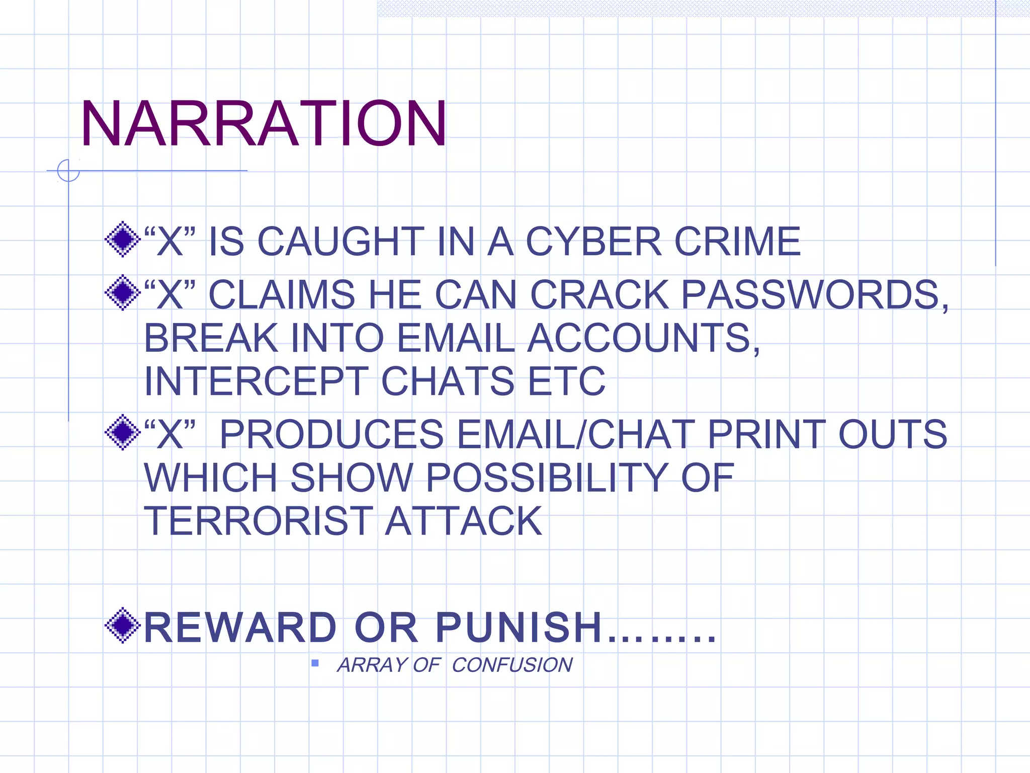 NARRATION
“X” IS CAUGHT IN A CYBER CRIME
“X” CLAIMS HE CAN CRACK PASSWORDS,
BREAK INTO EMAIL ACCOUNTS,
INTERCEPT CHATS ETC
“X” PRODUCES EMAIL/CHAT PRINT OUTS
WHICH SHOW POSSIBILITY OF
TERRORIST ATTACK
REWARD OR PUNISH……..
 ARRAY OF CONFUSION
 