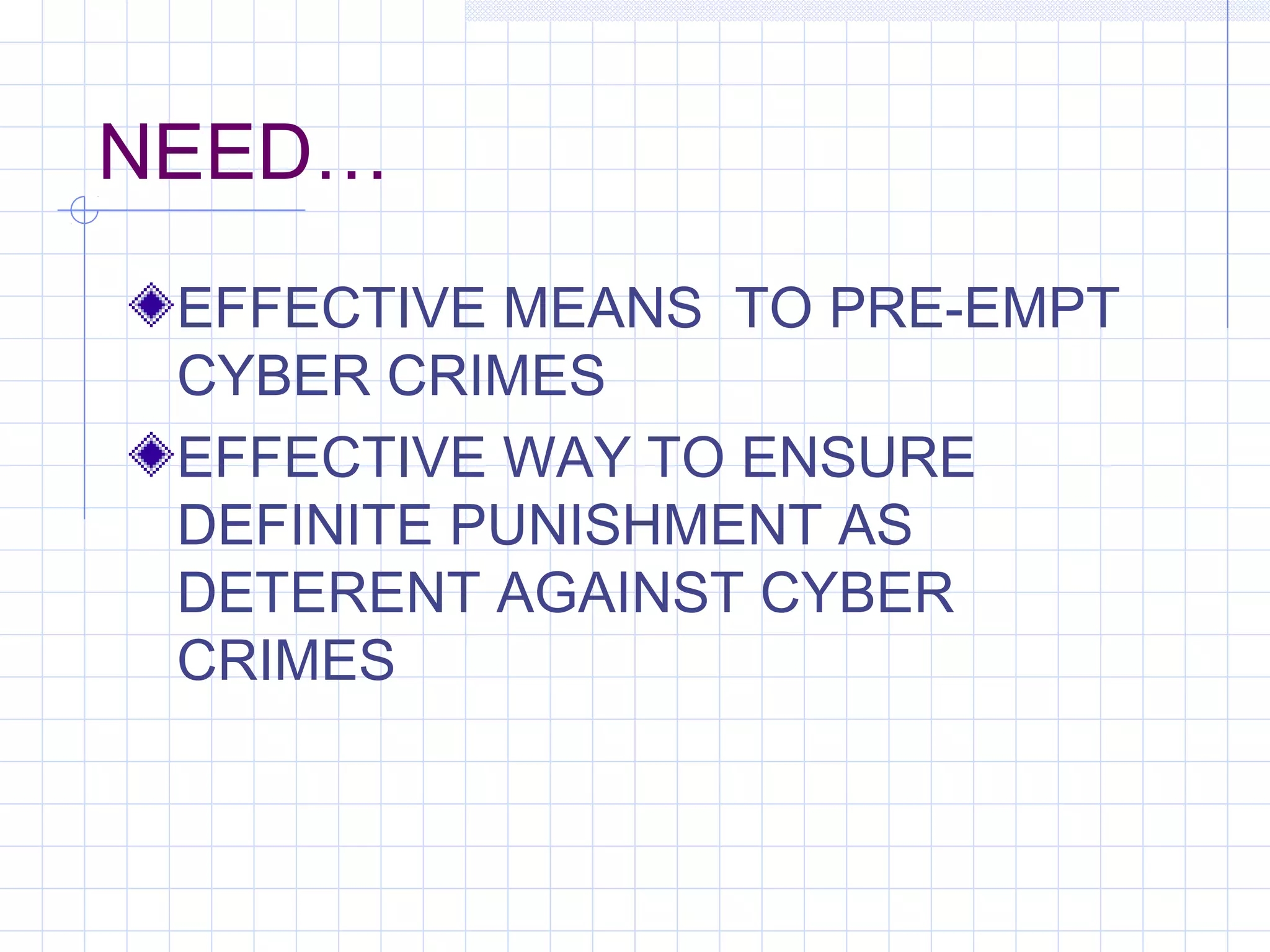 NEED…
EFFECTIVE MEANS TO PRE-EMPT
CYBER CRIMES
EFFECTIVE WAY TO ENSURE
DEFINITE PUNISHMENT AS
DETERENT AGAINST CYBER
CRIMES
 