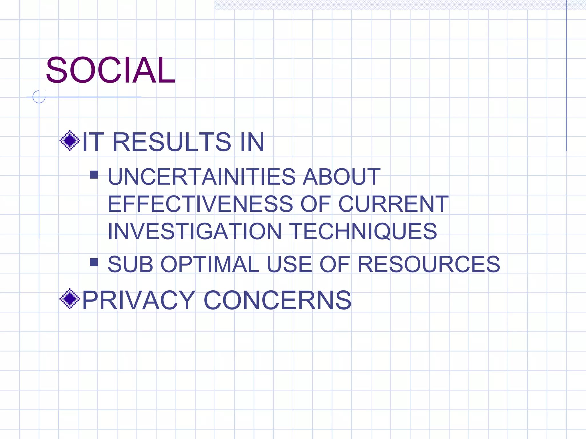 SOCIAL
IT RESULTS IN
 UNCERTAINITIES ABOUT
EFFECTIVENESS OF CURRENT
INVESTIGATION TECHNIQUES
 SUB OPTIMAL USE OF RESOURCES
PRIVACY CONCERNS
 