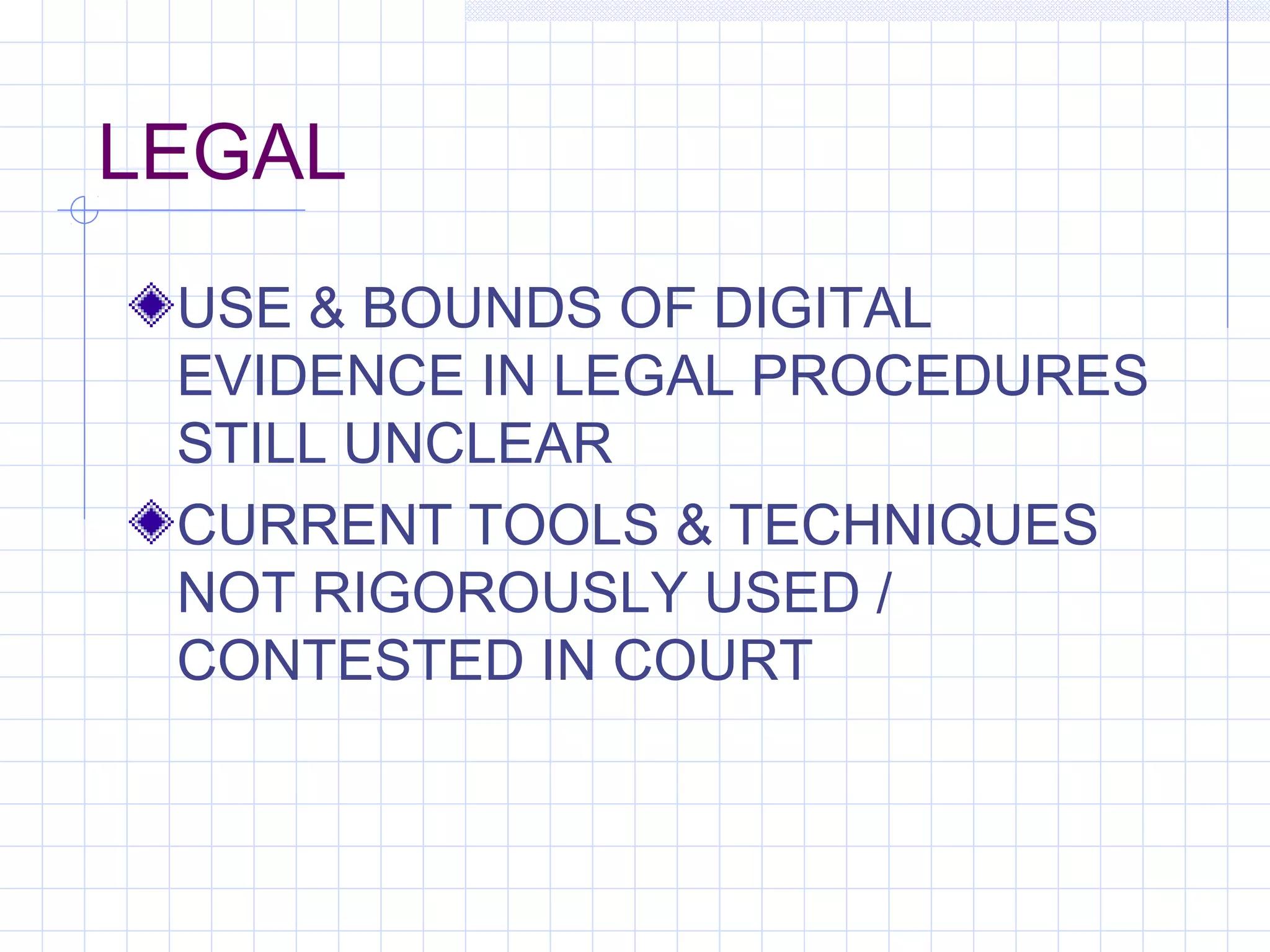 LEGAL
USE & BOUNDS OF DIGITAL
EVIDENCE IN LEGAL PROCEDURES
STILL UNCLEAR
CURRENT TOOLS & TECHNIQUES
NOT RIGOROUSLY USED /
CONTESTED IN COURT
 