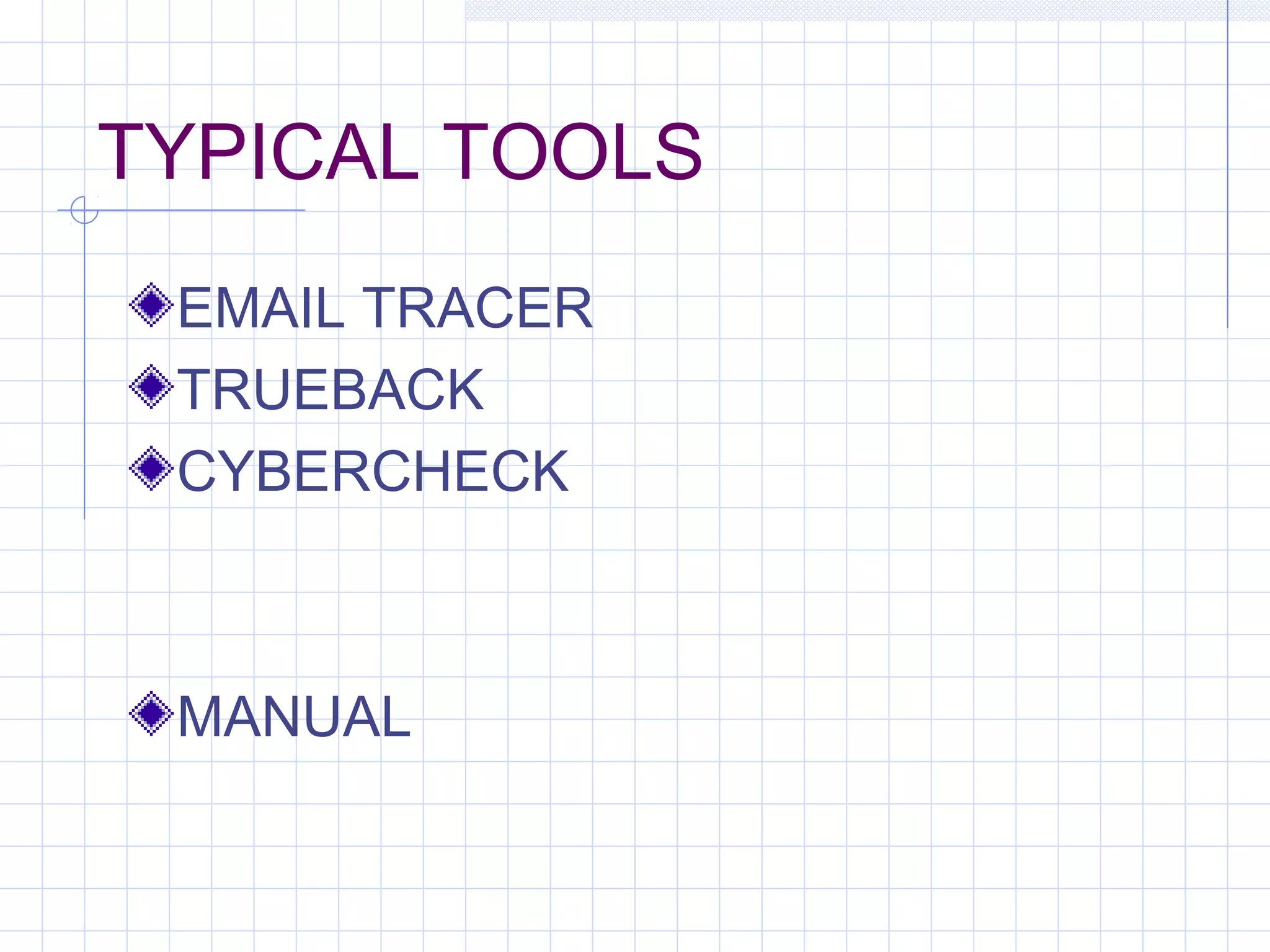 TYPICAL TOOLS
EMAIL TRACER
TRUEBACK
CYBERCHECK
MANUAL
 