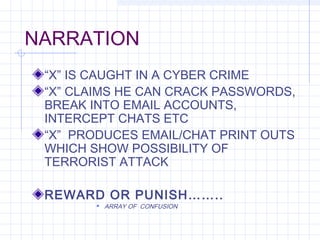 NARRATION
“X” IS CAUGHT IN A CYBER CRIME
“X” CLAIMS HE CAN CRACK PASSWORDS,
BREAK INTO EMAIL ACCOUNTS,
INTERCEPT CHATS ETC
“X” PRODUCES EMAIL/CHAT PRINT OUTS
WHICH SHOW POSSIBILITY OF
TERRORIST ATTACK
REWARD OR PUNISH……..
 ARRAY OF CONFUSION
 