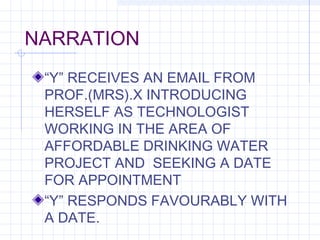 NARRATION
“Y” RECEIVES AN EMAIL FROM
PROF.(MRS).X INTRODUCING
HERSELF AS TECHNOLOGIST
WORKING IN THE AREA OF
AFFORDABLE DRINKING WATER
PROJECT AND SEEKING A DATE
FOR APPOINTMENT
“Y” RESPONDS FAVOURABLY WITH
A DATE.
 