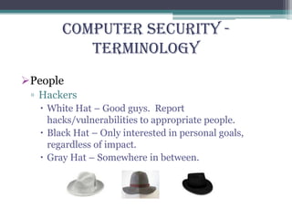 Computer Security -
Terminology
People
▫ Hackers
 White Hat – Good guys. Report
hacks/vulnerabilities to appropriate people.
 Black Hat – Only interested in personal goals,
regardless of impact.
 Gray Hat – Somewhere in between.
 