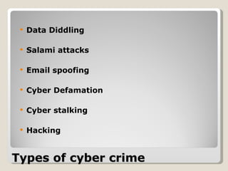 Types of cyber crime Data Diddling Salami attacks Email spoofing Cyber Defamation Cyber stalking Hacking 