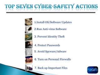 1.Install OS/Software Updates
2.Run Anti-virus Software
3. Prevent Identity Theft
5. Avoid Spyware/Adware
7. Back up Important Files
6. Turn on Personal Firewalls
4. Protect Passwords
 
