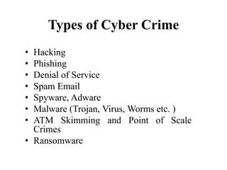 Types of Cyber Crime
• Hacking
• Phishing
• Denial of Service
• Spam Email
• Spyware, Adware
• Malware (Trojan, Virus, Worms etc. )
• ATM Skimming and Point of Scale
Crimes
• Ransomware
 