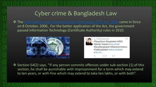 Cyber crime & Bangladesh Law
 The Information and Communication Technology (ICT) Act, 2006 came in force
on 8 October, 2006.. For the better application of the Act, the government
passed Information Technology (Certificate Authority) rules in 2010.
 Section-54(2) says, “If any person commits offences under sub-section (1) of this
section, he shall be punishable with imprisonment for a term which may extend
to ten years, or with fine which may extend to taka ten lakhs, or with both”.
28
 