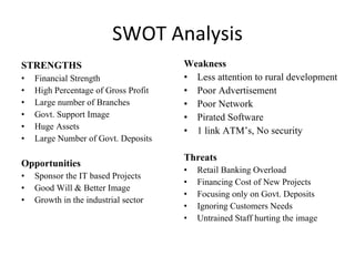 SWOT Analysis STRENGTHS   Financial Strength High Percentage of Gross Profit Large number of Branches Govt. Support Image Huge Assets Large Number of Govt. Deposits Opportunities Sponsor the IT based Projects Good Will & Better Image Growth in the industrial sector Weakness Less attention to rural development Poor Advertisement Poor Network Pirated Software 1 link ATM’s, No security Threats Retail Banking Overload Financing Cost of New Projects Focusing only on Govt. Deposits Ignoring Customers Needs Untrained Staff hurting the image 