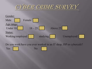 CYBER CRIME SURVEY  Gender: Male                 Female Age range:  Under 18                  18 – 25                  Above 25 Status: Working/employed                 studying                    Unemployed   Do you work/have you ever worked in an IT shop, ISP or cybercafe?  Yes                                  No 