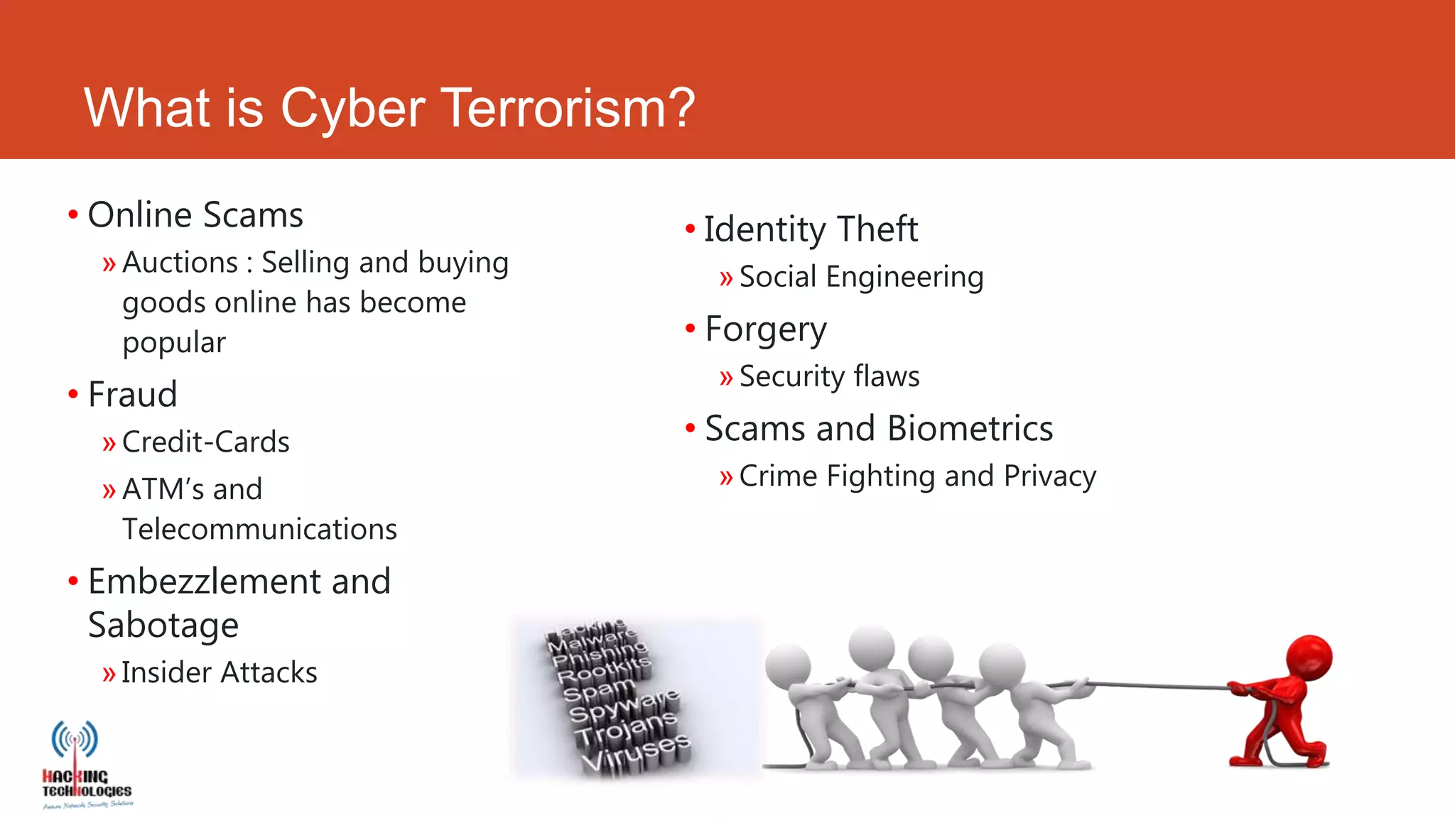 What is Cyber Terrorism?
• Online Scams                      • Identity Theft
  » Auctions : Selling and buying     » Social Engineering
    goods online has become
    popular                         • Forgery
                                      » Security flaws
• Fraud
  » Credit-Cards                    • Scams and Biometrics
  » ATM’s and                         » Crime Fighting and Privacy
    Telecommunications
• Embezzlement and
  Sabotage
  » Insider Attacks
 