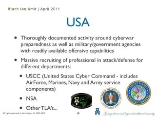 Iftach Ian Amit | April 2011



                                                     USA
             •       Thoroughly documented activity around cyberwar
                     preparedness as well as military/government agencies
                     with readily available offensive capabilities
             •       Massive recruiting of professional in attack/defense for
                     different departments:
                   •       USCC (United States Cyber Command - includes
                           AirForce, Marines, Navy and Army service
                           components)
                   •       NSA
                   •       Other TLA’s...
All rights reserved to Security Art ltd. 2002-2010    19
 