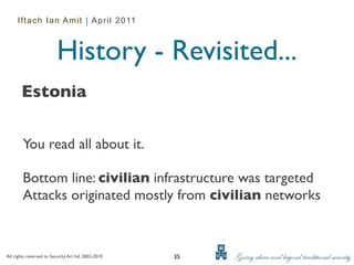 Iftach Ian Amit | April 2011



                          History - Revisited...
       Estonia

        You read all about it.

        Bottom line: civilian infrastructure was targeted
        Attacks originated mostly from civilian networks



All rights reserved to Security Art ltd. 2002-2010   35
 