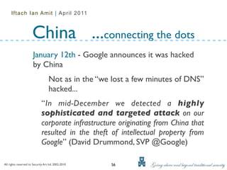 Iftach Ian Amit | April 2011



                      China ...connecting the dots
                       January 12th - Google announces it was hacked
                       by China
                                    Not as in the “we lost a few minutes of DNS”
                                    hacked...
                              “In mid-December we detected a highly
                              sophisticated and targeted attack on our
                              corporate infrastructure originating from China that
                              resulted in the theft of intellectual property from
                              Google” (David Drummond, SVP @Google)

All rights reserved to Security Art ltd. 2002-2010   56
 