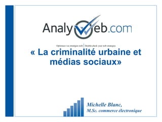 Optimisez vos stratégies web |Double-check your web strategies
« La criminalité urbaine et
médias sociaux»
Michelle Blanc,
M.Sc. commerce électronique
 