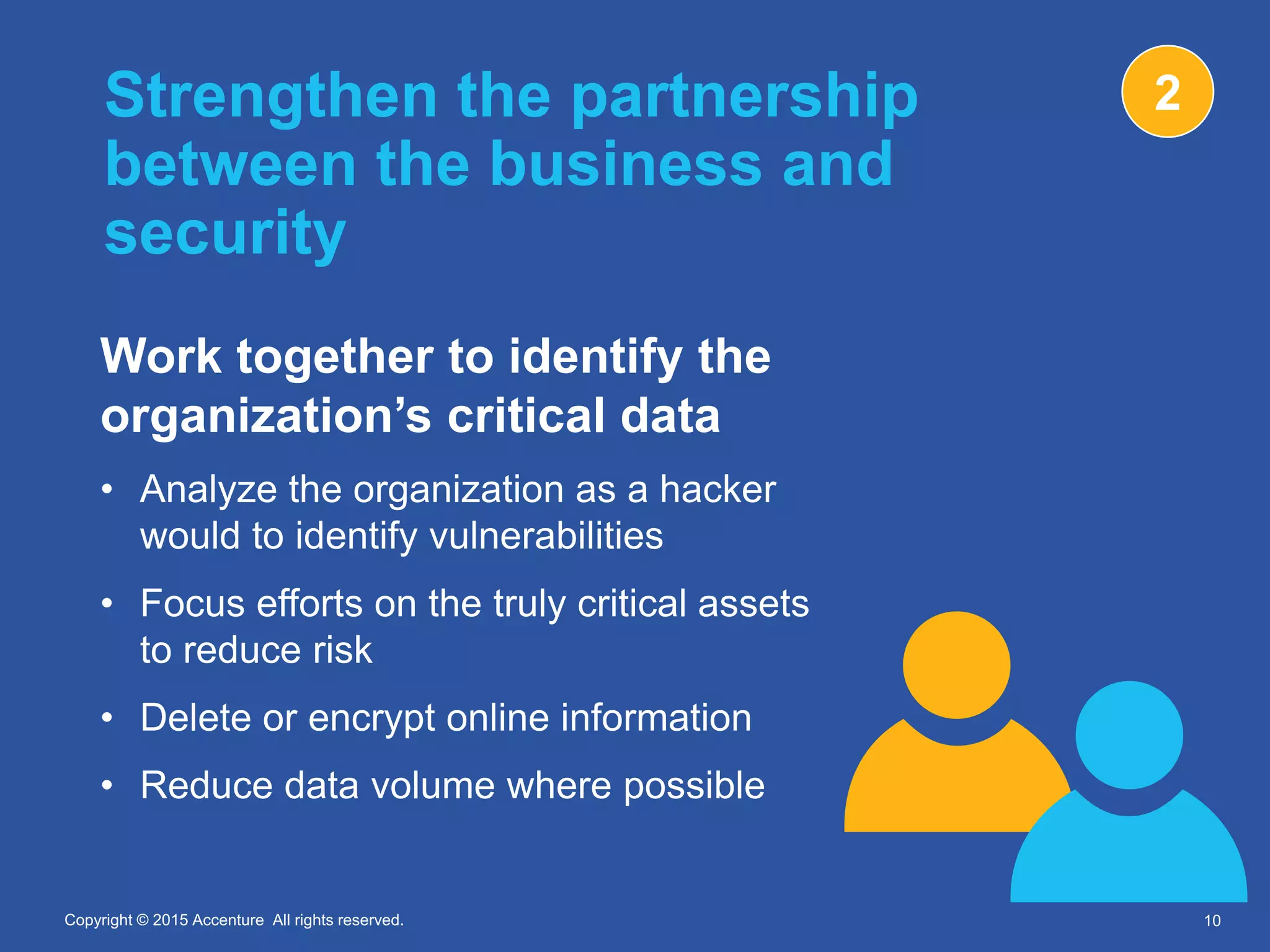 Copyright © 2015 Accenture All rights reserved.Copyright © 2015 Accenture All rights reserved.
Strengthen the partnership
between the business and
security
Work together to identify the
organization’s critical data
• Analyze the organization as a hacker
would to identify vulnerabilities
• Focus efforts on the truly critical assets
to reduce risk
• Delete or encrypt online information
• Reduce data volume where possible
10
2
 