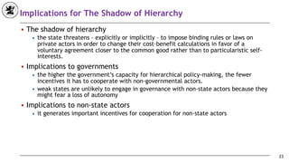 Implications for The Shadow of Hierarchy
■ The shadow of hierarchy
◆ the state threatens – explicitly or implicitly – to impose binding rules or laws on
private actors in order to change their cost–benefit calculations in favor of a
voluntary agreement closer to the common good rather than to particularistic self-
interests.
■ Implications to governments
◆ the higher the government’s capacity for hierarchical policy-making, the fewer
incentives it has to cooperate with non-governmental actors.
◆ weak states are unlikely to engage in governance with non-state actors because they
might fear a loss of autonomy
■ Implications to non-state actors
◆ it generates important incentives for cooperation for non-state actors
23
 