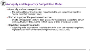 Monopoly and Regulatory Competition Model
■ Monopoly and anti-competition
◆ The main problem with private self-regulation is the anti-competitive incentives
flowing from their monopoly power
■ Restrict supply of the professional service
◆ private self-regulation will have been granted for monopolistic control for a certain
territory, thus have the power to restrict supply of their professional service
■ Regulatory competition model
◆ Subjecting these organizations to competition from other self-regulatory organisms
might stimulate more welfare enhancing behavior (Kay and Vickers, 1990)
24
 
