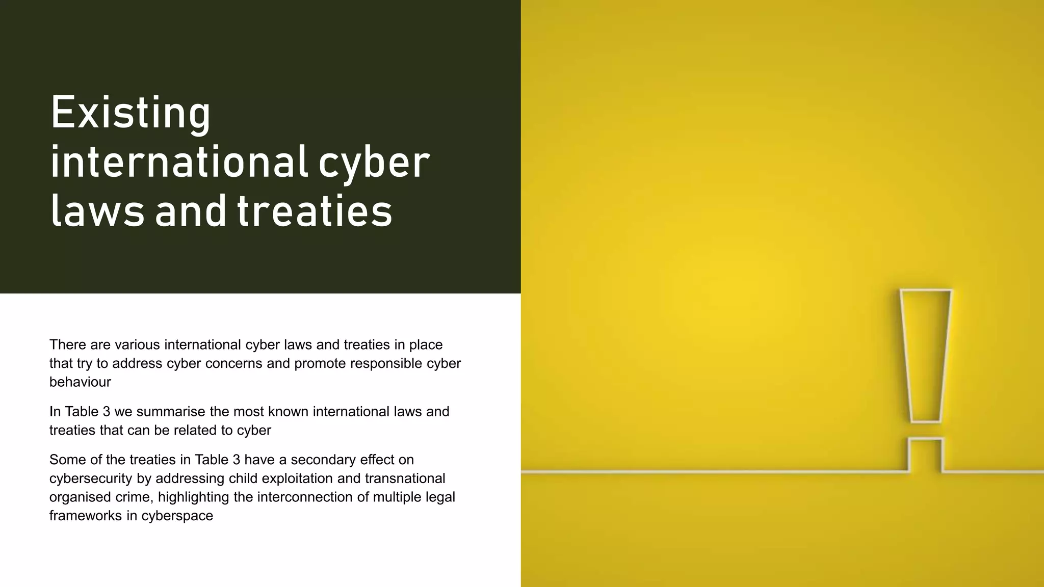 Existing
international cyber
laws and treaties
There are various international cyber laws and treaties in place
that try to address cyber concerns and promote responsible cyber
behaviour
In Table 3 we summarise the most known international laws and
treaties that can be related to cyber
Some of the treaties in Table 3 have a secondary effect on
cybersecurity by addressing child exploitation and transnational
organised crime, highlighting the interconnection of multiple legal
frameworks in cyberspace
 