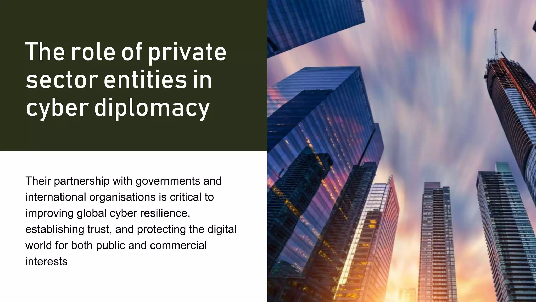 The role of private
sector entities in
cyber diplomacy
Their partnership with governments and
international organisations is critical to
improving global cyber resilience,
establishing trust, and protecting the digital
world for both public and commercial
interests
 