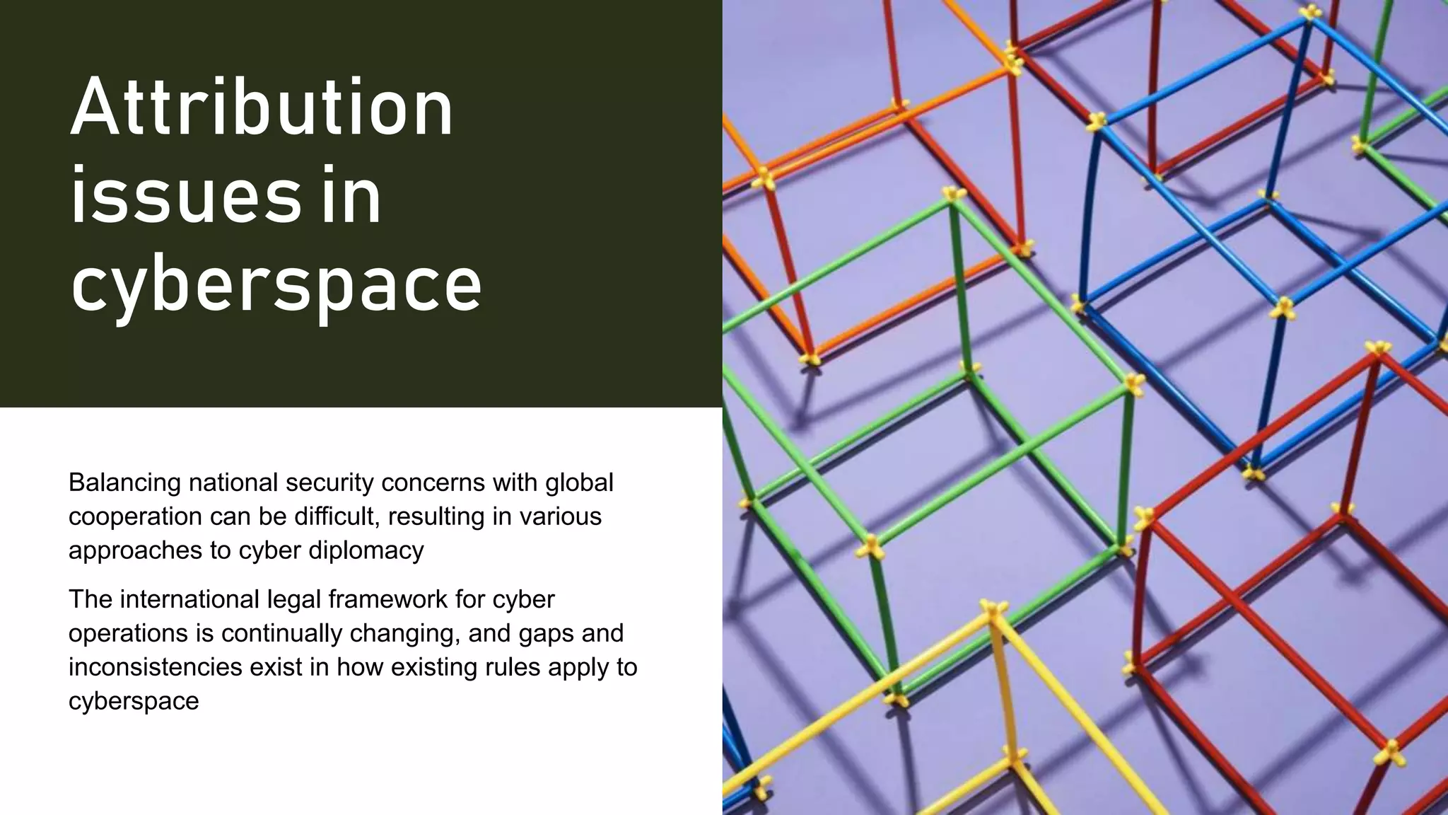 Attribution
issues in
cyberspace
Balancing national security concerns with global
cooperation can be difficult, resulting in various
approaches to cyber diplomacy
The international legal framework for cyber
operations is continually changing, and gaps and
inconsistencies exist in how existing rules apply to
cyberspace
 